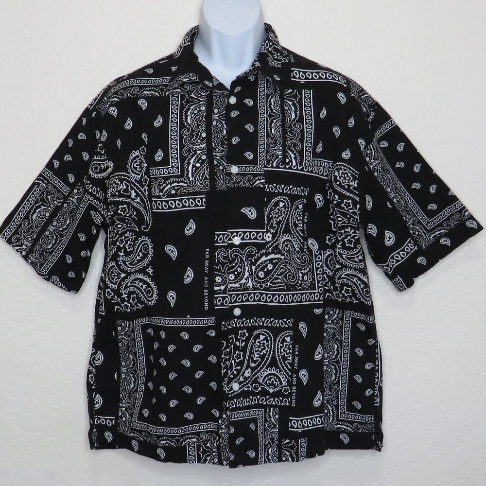 H&M* Men's Short Sleeve Button Down Straight Hem Pocket BOHO Shirt~ Size Large